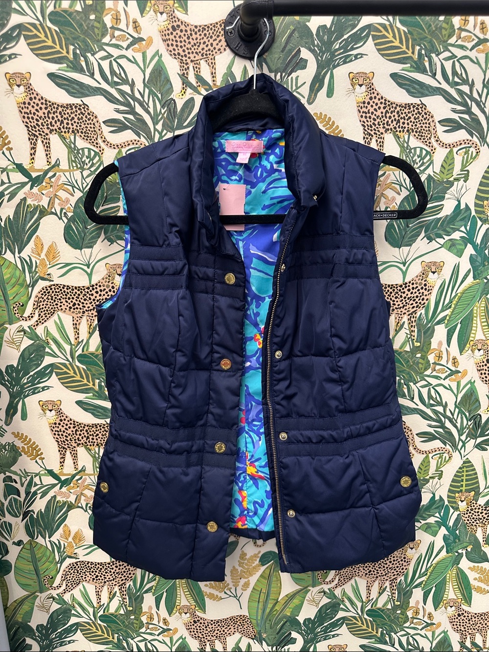 Lilly Pulitzer Navy Quilted Puffer Vest with Printed Lining - Women XS